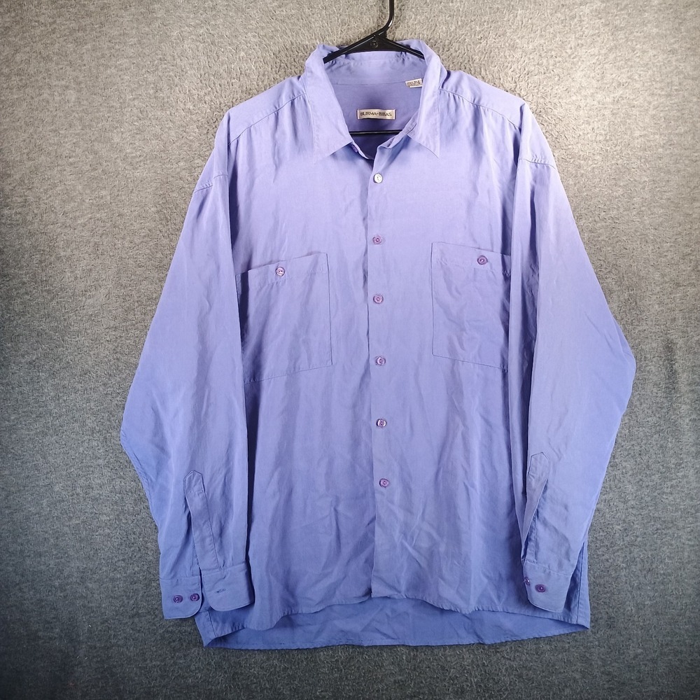 Vintage Burma Bibas 100% Silk Shirt Mens XL Purple Long Sleeve Button Up Pockets